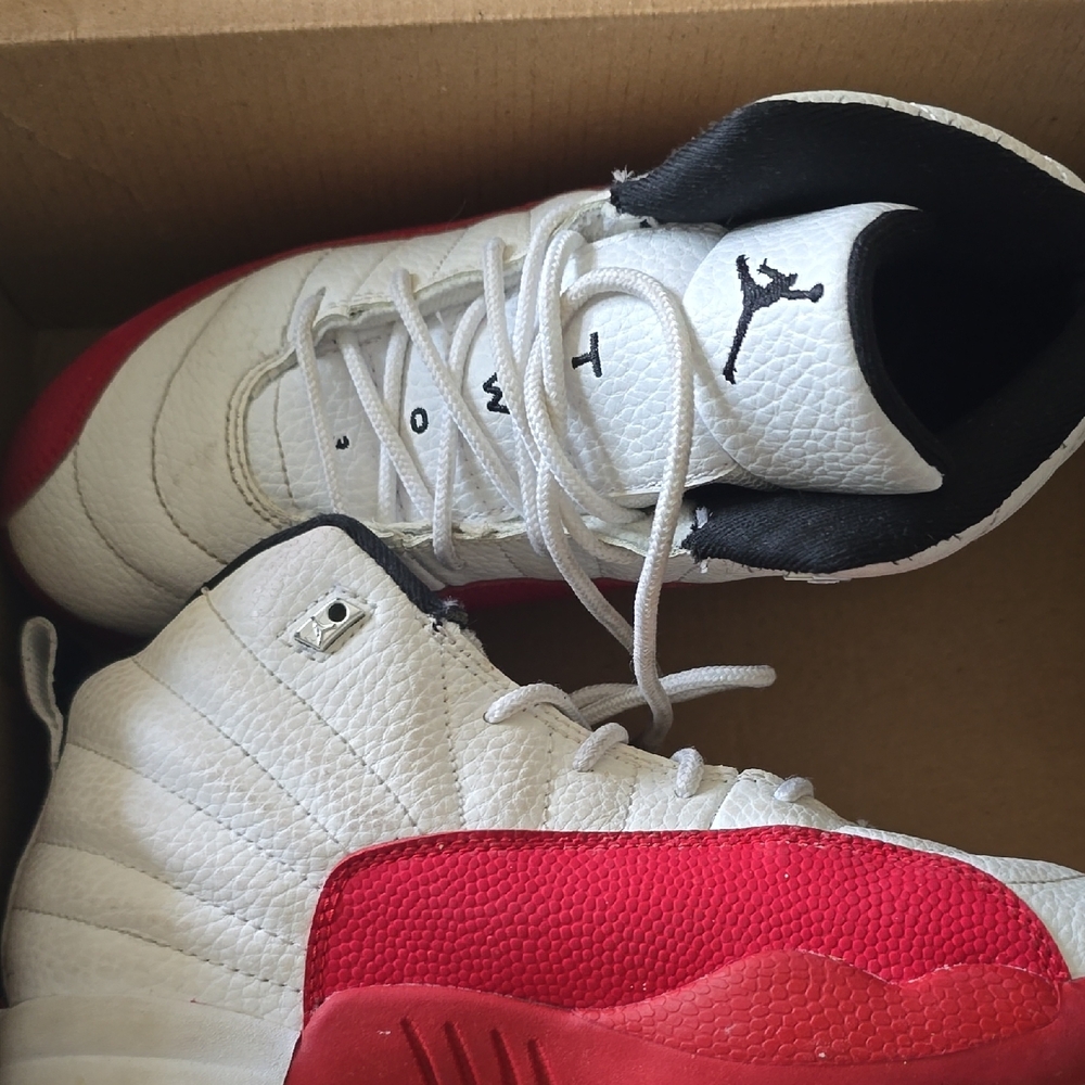 Jordan White and Red Air 12 Sneakers